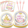 96PCS Princess 6th Birthday Party Plates and Napkins and Forks Set for Princess Party Pastel Castle Dessert Plates Disposable Decor Pink Gold Tableware Set for 6th Theme Party Favors Decorations by Oitnlaughter
