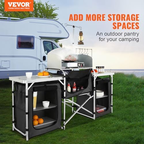 VEVOR Camping Kitchen Table, Folding Outdoor Cooking Table with Storage Carrying Bag, Aluminum Cook Station 3 Cupboard & Detachable Windscreen, Quick Set-up for Picnics, BBQ, RV Traveling, Black - Image 4
