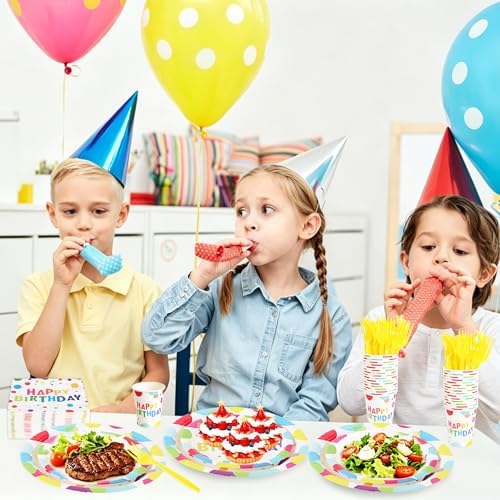 144 Pcs Birthday Party Tableware Set for 24 Guests, Heavy-Duty 7" & 9" Paper Plates, Cups, 2-Ply 13" Napkins & Plastic Forks, Disposable Rainbow Confetti "Happy Birthday" Party Supplies - Image 4