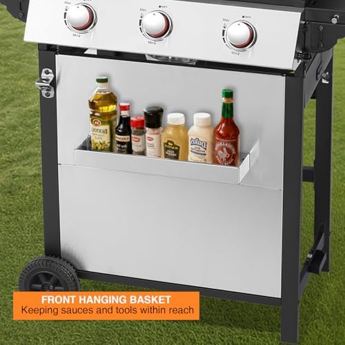3-Burner Propane Gas Grill with Double-layer Lid, Stainless Steel Hanging Basket & Easy-to-Clean Design – 30,000 BTU BBQ Grill with 2 Folding Sides and Wheels for Outdoor Backyard Patio - Image 5