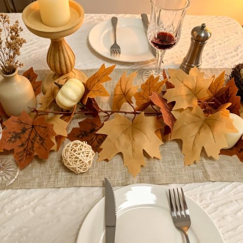 2 Pack Fall Garland with Lights-Total 12Ft Autumn Leaves Garland for Mantle Fireplace-Brown Fall Decor for Front Door with Pumpkins Indoor Maple for Stairs Porch Thanksgiving Decorations - Image 3