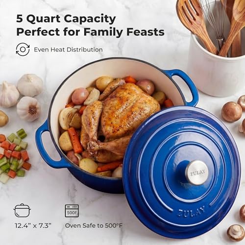 Zulay Kitchen 5 Quart Enameled Cast Iron Dutch Oven Pot with Lid – Premium Durability & Oven Safe up to 500°F – Heavy Duty Cookware Perfect for Bread Baking, Stews, Braising & Roasting – Blue - Image 6