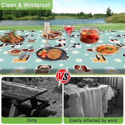 Cute Dog Picnic Table Cover with Bench Covers Camping Essentials Waterproof Windproof Funny Animal Daisy Flower Table Cover Fitted Tablecloth Cover with Elastic Edge for Outdoor 3 PCS 30x60 Inch - Image 4