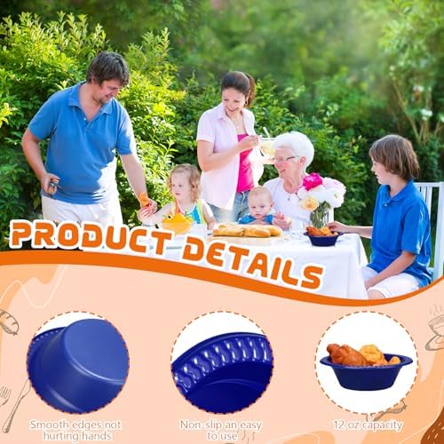 24 Pack 12 oz Disposable Plastic Bowls Dessert, Ice Cream, Salad, Soup Serving Cups for Party, Picnic, Food Snacks (Blue) - Image 3