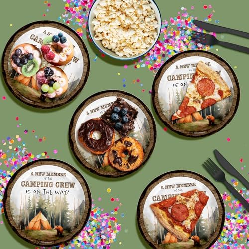 Birthday Galore New Member of Camping Crew Baby Shower - 32 Piece Disposable Party Supplies - Camping Baby Shower Decorations - Round Party Plates - Large 9" Paper Plates In Bulk - Image 4