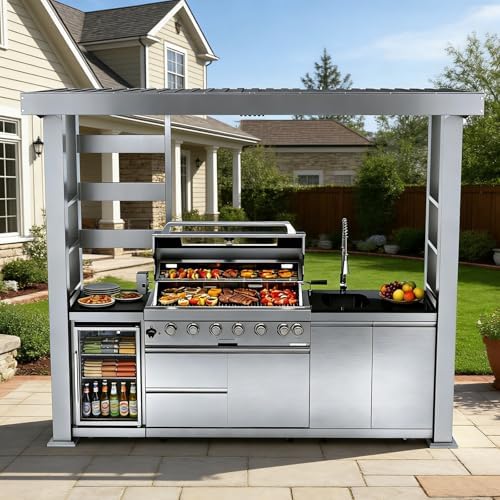 108" Outdoor Kitchen Island Crafted from Stainless Steel,6-Burner 85,000 BTU Propane Grill,Rotisserie Oven,Galvanized Steel Roof,Granite Countertops,Refrigerator,Storage Cabinets,Sink.(Propane Gas) by INOTEVERITORY