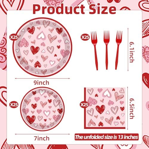 100 Pcs Valentine’s Day Heart Tableware Party Supplies Set, Serves 25 – Disposable Pink & Red Heart Paper Plates, Napkins, and Forks for Romantic Dinner, Bridal Shower, Love-Themed Party Decorations - Image 2