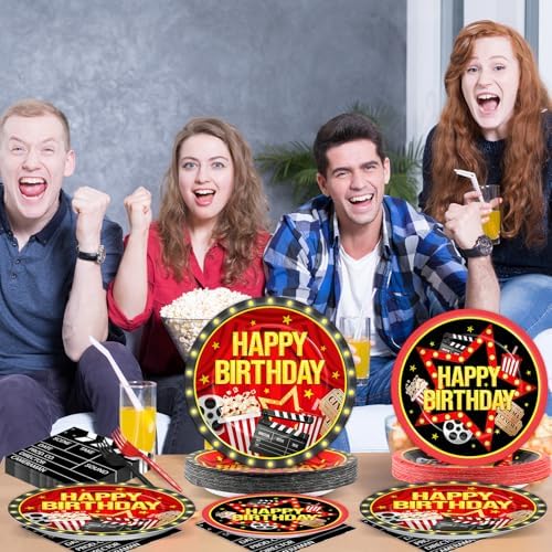 96PCS Movie Theme Birthday Party Paper Plates and Napkins Happy Birthday Disposable Tableware Set for 24 Guests Movie Night Birthday Gatherings Decorations - Image 6