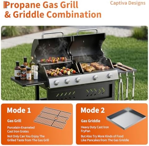 Garvee 5 Burner Propane Gas Grill Griddle Combo with Porcelain Enamel Cast Iron Grate & Cast Iron Pan – Dual BBQ Grill with Flat Top Griddle, 40,000 BTU Large Outdoor Gas Grill for Backyard Kitchen - Image 5