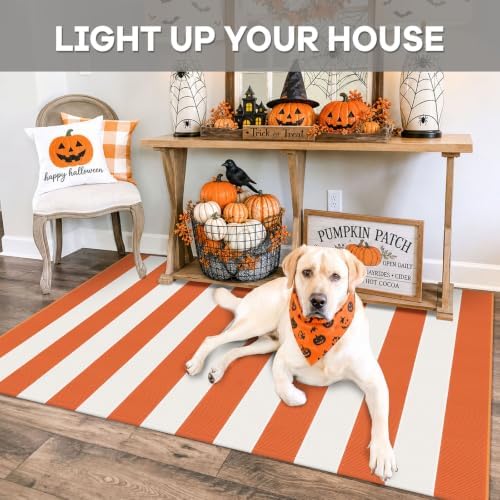 IOHOUZE Fall Striped Outdoor Rug 3x5, Washable Porch, Orange White - Image 4