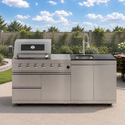 79" Modular Outdoor Kitchen with 4 Burners 72,000 BTU Natural Gas Grill,Rotisserie Oven,Side Burner,Sink & Marble Countertop.Gas Grill for Backyard and Patio.(Natural Gas) by INOTEVERITORY