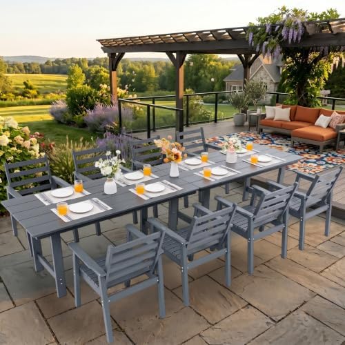10-Piece Outdoor Dining Set, All-Weather HDPE Patio Furniture, Two 66.5" Slatted Table with 1.6" Umbrella Hole & 8 Ergonomic Armchairs, Heavy Duty 350lbs Capacity, UV Resistant, Gray - Image 6