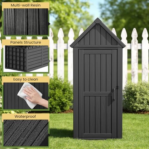 Fancyango Outdoor Resin Storage Cabinet Sturdy All-Weather Shed with Removable Shelves Lock Ring & Reinforced Floor – for Garden Patio Lawn (Black) - Image 3