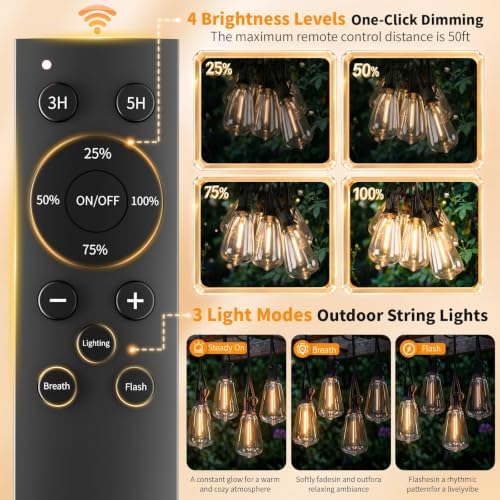 Hotsonic Solar Outdoor String Lights Waterproof, 100FT Remote Control LED Outside Lights with Shatterproof Bulbs, Dimmable Hanging Lights for Patio Porch Garden pergola Yard House Bistro Party Decors - Image 5