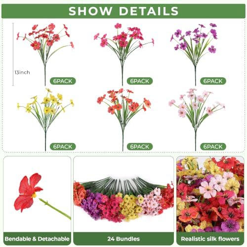 24 Bundles Artificial Flowers for Outdoors Decor, Faux Mums Plants Fake Silk Daisy Flora, UV Resistant Realistic Faux Plants Greenery for Outside Indoor Porch Patio Window Box Planter Home Decor - Image 2