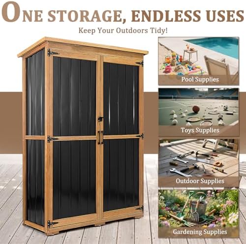 46" L Large Outdoor Storage Cabinet with Shelves, Wood & Metal Storage Shed Weather-Resistant, Outside Storage Cabinet for Garage Patio Backyard Garden with Waterproof Roof - Image 6