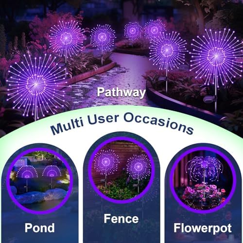 Solar Garden Lights Outdoor, 2 Pack 120 LED Twinkling Firework Lights Decorative with 2 Modes, Outdoor Waterproof Solar Starburst Light for Outside Yard Pathway Garden Decor, Purple - Image 5