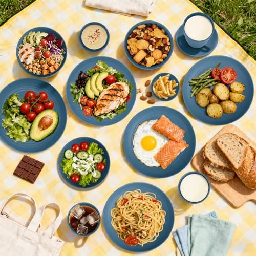 16 PCS Wheat Straw Plates and Bowls Sets,Kids Dishes Dinnerware Sets for 4,Unbreakable Kitchen Plates and Bowls Set for Travel Dishwasher & Microwave Safe Lightweight Dishes Set - DeepBlue - Image 5