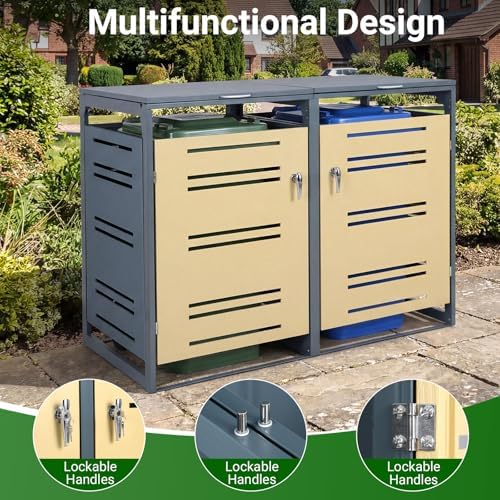 Goplus 44 Cu.Ft Outdoor Trash Can Storage, Garbage Can Hider Outdoor with 2 Lockable Doors Gas Struts & Shock Absorbers, Outdoor Storage for Patio, Backyards, Yard & Garden - Image 6
