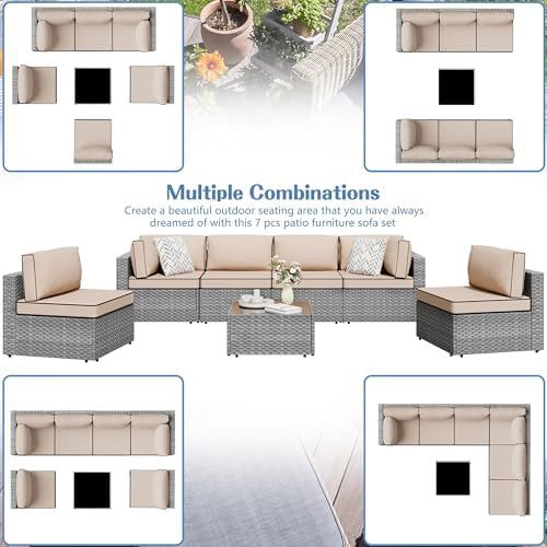 Shintenchi 7 Piece Outdoor Patio Furniture Set with Silver PE Rattan, Khaki - Image 2