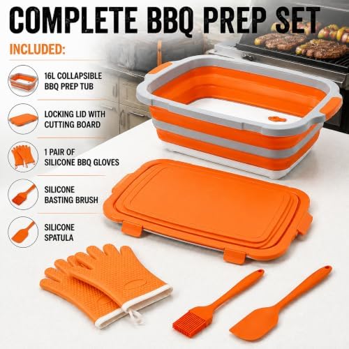 Collapsible BBQ Prep Tub with Lid & Integrated Cutting Board, 16L XL Meat Marinating Basin with Drain Plug, Foldable Grill Prep Station with Heat-Resistant Gloves, Brush & Spatula (X-Large, 16L) - Image 4