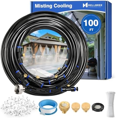 Mellbree Misters for Outside Patio 100FT/30M, Pre-Assembled Misting Cooling System with 30 Brass Nozzles & 3/4" Adapter, Outdoor Mister for Garden, Backyard, Livestock Ranch, Greenhouse, Pool Area by Mellbree