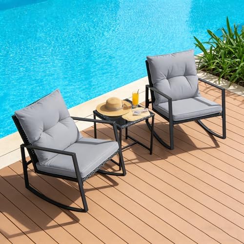 SUNCROWN 3 Piece Outdoor Rocking Bistro Set Black Wicker Furniture Porch Chairs Conversation Sets with Glass Coffee Table, Dark Grey - Image 3