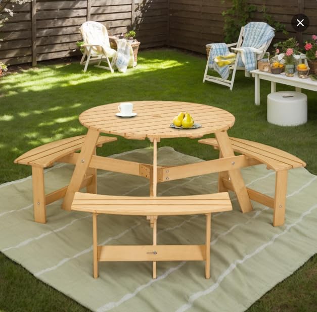 6 Person Wooden Picnic Table, Outdoor Round Picnic Table with 4 Built-in Benches, Umbrella Hole, Outside Table and Bench Set for Patio, Backyard, 500lbs Capacity Per Bench (Nature - 6person) by CKEASEANFurniture