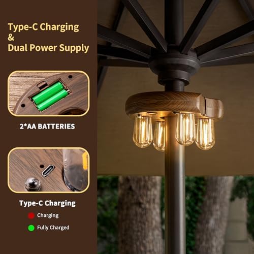 Dark Wood Grain Patio Umbrella Light with Remote Control, Rechargeable Cordless LED Edison Bulbs Pole Light with 10 Brightness Levels for Garden, Patio, Backyard, Camping or BBQ (2 Pack) - Image 2