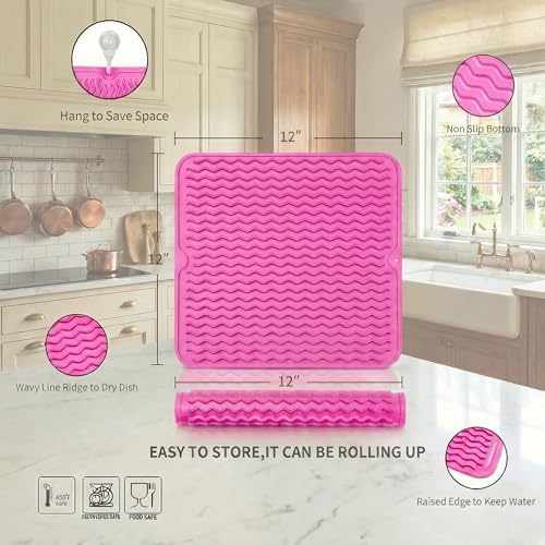 MicoYang Silicone Dish Drying Mat for Multiple Usage,Easy clean,Eco-friendly,Heat-resistant Silicone Mat for Kitchen Counter or Sink,Refrigerator or Drawer liner Rose M 12 inches x 12 inches - Image 2