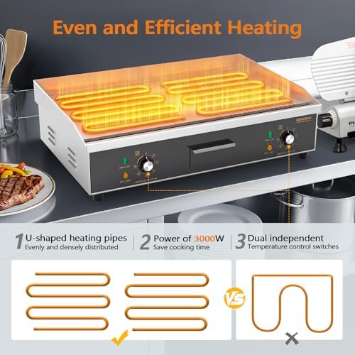 ROVSUN 30" Electric Griddle, Electric Countertop with Half Flat Top Griddle, 3000W Grill Stainless Steel with Adjustable Temperature Control 122°F-572°F for Commercial Home Restaurant, Plug - Image 2