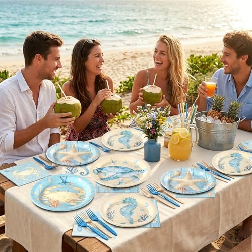 96Pcs Sealife Coastal Party Decorations Ocean Nautical Birthday Plates and Napkins Beach Turtle Starfish Seahorse Crab Paper Plates Disposable Tableware for Under the Sea Summer Coral Party Supplies - Image 5