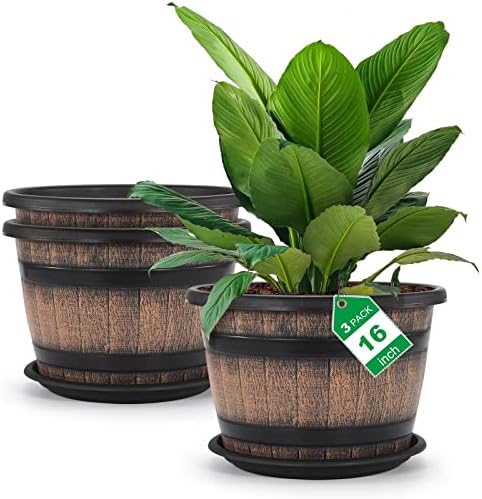 Quarut Large Plastic 3 Pack16 inch Plant Pots,Whiskey Barrel Planters with Drainage Holes & Saucer.Flower Pots Imitation Wine Barrel Design for Indoor & Outdoor Garden Balcony Plants.7 Gallons(Brown) by Quarut