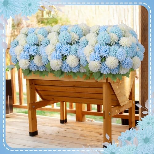 XunYee 12 Pcs Blue Artificial Flowers for Outdoor,Silk Chrysanthemums - Image 3
