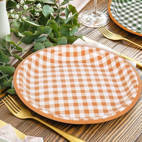 FYSUIMU 96 Pcs Camp Bachelorette Gingham Paper Plates Last Trail Before the Veil Party Decor 7" 9" Disposable Green Orange Checked Dessert Tableware for Summer Fall Wedding Birthday Bridal Shower - Image 4
