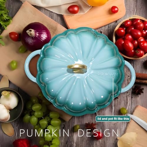 Pumpkin Enameled Cast Iron Dutch Oven with Lid, 4.5 QT Dual Handles and Heavy Duty Pot, Oven Safe up to 500°F for Bread Baking, Braising, Cooking and Family Gifts, Cyan - Image 2