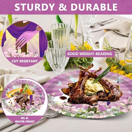 Qyeahkj 50 PCS He is Risen Oval Paper Plates Large 11” Disposable Jesus Cross Easter Party Decorations Spring Lily Floral Supplies Favor for Religion Christ Party Tableware Set - Image 5
