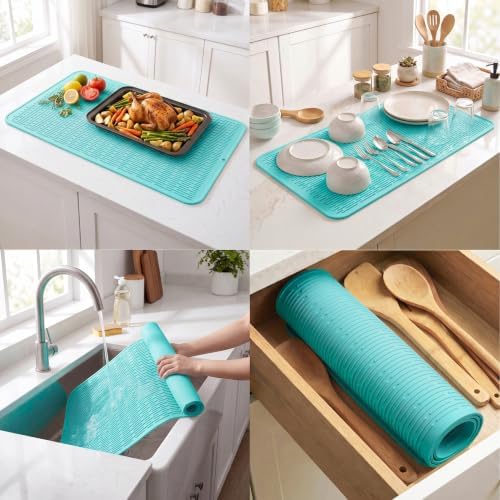 MicoYang Silicone Dish Drying Mat for Multiple Usage,Easy clean,Eco-friendly,Heat-resistant Silicone Mat for Kitchen Counter or Sink,Refrigerator or Drawer Liner Mint 5XL 36inches x 18inches - Image 4