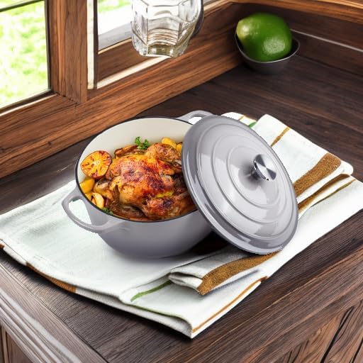 6 Quart Dutch Oven Enameled Cast Iron with Lid - Big Dual Handles - Oven Safe up to 500°F - Classic Round Pot for Versatile Cooking (Light Gray, 6 QT) - Image 5