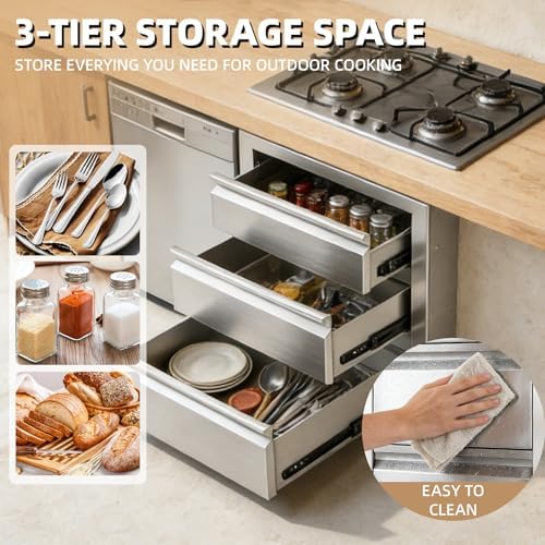 Outdoor Kitchen Drawers 18" x 20.5" x 20.5" Stainless Steel Triple Drawer Cabinet, Flush Mount Modular Storage for BBQ Islands & Patios - Image 7