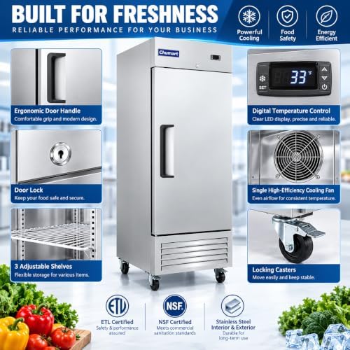27" W Commercial Refrigerator Single Door 19 Cu.ft Commercial Fridge Fan cooling Stainless Steel Reach-in Refrigerator with Digital Thermostat for Restaurant, Bar, Commercial Use, etc - Image 3