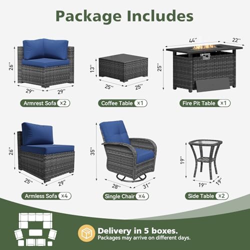 Aoxun 14 Piece Outdoor Patio Furniture Set with 44'' Fire Pit Table, Wicker Rattan Outdoor Furniture with High Back Swivel Rocker Chairs, Outdoor Sofa Set with Thick Cushion & Side Table, Navy Blue - Image 2