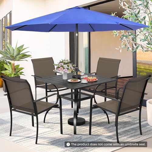 Incbruce 6 Pieces Patio Dining Set with Dark Blue Umbrella, Outdoor Dining Set of 4 Textilene Chairs and Square Table with Umbrella Hole for Backyard, Garden, and Poolside (Brown) - Image 2