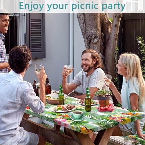 Picnic Table Cover with Bench Covers, Camping Essentials Hawaiian Luau Tropical Palm Leaves Flower Butterfly Waterproof Windproof Fitted Tablecloth Cover with Elastic Edge for Outdoor 3 PCS 30x72 Inch - Image 2