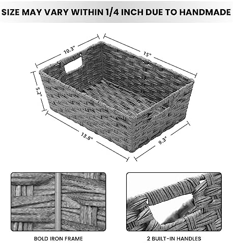Onlytak Large Wicker Storage Basket, Metal Frame, Set of 2, Washable Waterproof, 15" x 10.3" x 5.2", Grey Color, Woven Basket for Pantry, Toilet, Bathroom, Bedroom, Patio - Image 2