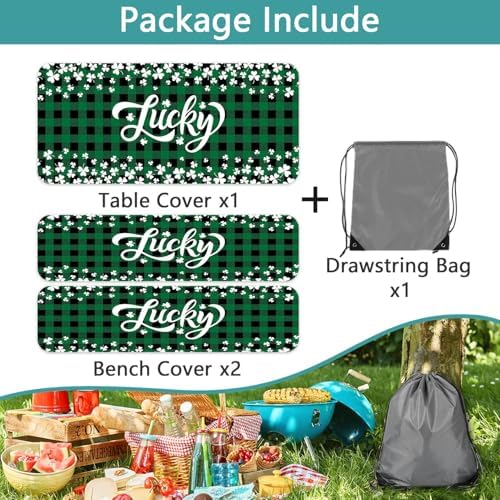 St. Patrick's Day Picnic Table Cover with Bench Covers, Camping Essentials, Buffalo Plaid Shamrock Lucky Outdoor Table Covers, Waterproof, Fitted Tablecloth Cover with Elastic Edge, 3 PCS, 30x60 Inch - Image 6