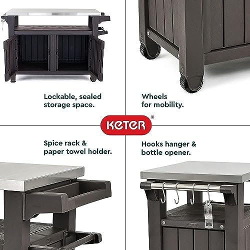 Keter Outdoor Rolling Table Cart for Food Prep, Storage, Dark Brown - Image 3