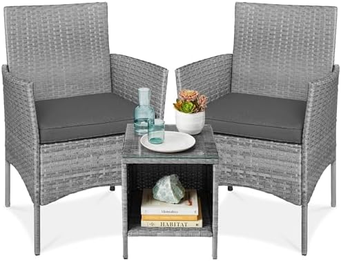Best Choice Products 3-Piece Outdoor Wicker Conversation Bistro Set, Space Saving Patio Furniture for Garden w/Side Table - Gray/Gray by BestChoiceProducts