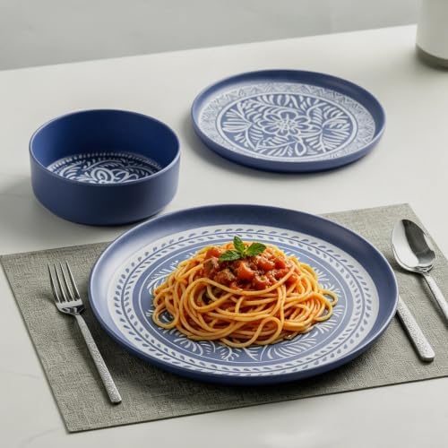 MissYip Melamine Dinnerware Set, 12 Piece for 4, Thicker Sturdy Indoor and Outdoor Use Tableware, Durable Plastic Plates and Bowls set, BPA Free, Dishwasher Top Safe, Not Microwave, Not Oven(Blue) - Image 6