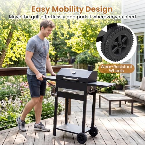 HAPPYGRILL Charcoal Grill with 2 Side Tables,Thermometer & 2 Wheels - Image 7